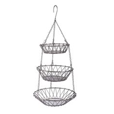 three tiered metal basket hanging from the ceiling