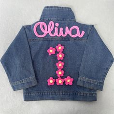 Personalize this adorable children's denim jacket with their name! Made from high-quality denim, it's stylish and durable for everyday wear. The custom name patch adds a unique touch, making it a perfect gift for any occasion. Available in various sizes, this jacket is both fashionable and practical for your little one! How to Order: 1. Choose the jacket color and design. 2. Select the jacket size. 3. Fill in the necessary information in the customization box (including your child's name, font color, and any personalized patches you'd like to add).    >>Note: We will provide a design draft for your review. Please keep an eye on the messages I send. We need your confirmation before starting the final product. Unique Features: Our personalized embroidered denim jacket comes with your choice Letter Jacket, Patch Jacket, Embroidered Denim Jacket, Name Patches, Patches Jacket, Girls Toddler, Embroidered Denim, Birthday Gifts For Kids, Personalized Embroidered