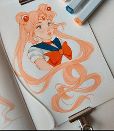 a drawing of sailor girl with orange hair