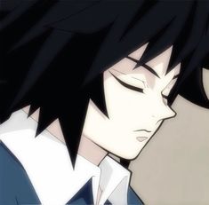 an anime character with black hair and eyes closed