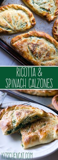 ricotta and spinach calzonees on a white plate with text overlay