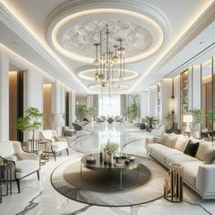 an elegant living room with white furniture and chandelier hanging from the ceiling, surrounded by marble flooring