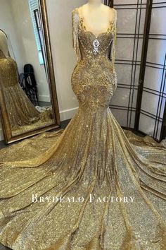 Gold Sparkly Plunging Neck Mermaid Long Train Prom Dress #promdress #prominspiration #prom #2024 #prom2024 Egyptian Prom Dress, Arabian Nights Prom Dress, Arabian Prom Dress, Bling Prom Dresses, Brown Prom Dresses, Prom 2k24, Gold Long Sleeve Dress, Sequin Prom Dresses Long, Gold Prom Dress