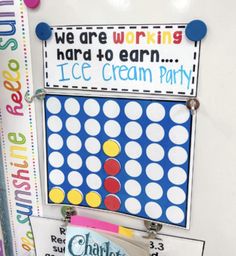 an ice cream party board with magnets on it and bulletin boards attached to the wall