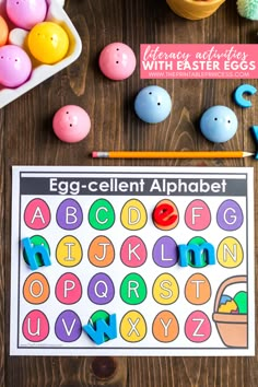 an egg - cellent alphabet worksheet with easter eggs and crayons