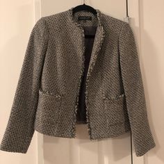 Zinc Multi Tweed Jacket By Jones New York With Fringe Trim And Foldable Sleeves. Very Chic And Nwt, As It Is A 2 Petite But Can Be A Cute Crop-Cut On Taller Frames. Originally Valued At $199! Tailored Tweed Outerwear For Office Wear, Spring Tweed Outerwear For Office Wear, Long Sleeve Tweed Outerwear For Office, Fall Tweed Outerwear For Office, Fall Tweed Outerwear For Work, Fall Office Wear Tweed Outerwear, Black Corduroy Jacket, Blue Suit Jacket, Red Blazer Jacket