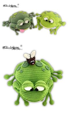 two crocheted stuffed animals sitting on top of each other