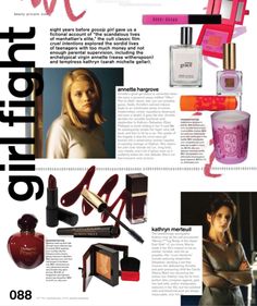 an article in the magazine about lipstick and perfumes with pictures of women's accessories