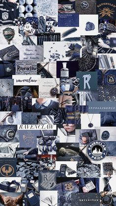 a collage of many different items in blue and grey colors, with the letter r on them