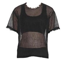 Alexander Wang | Lacy T-Shirt With Raw Edges Black Top Lacy T-Shirt With Raw Edge Finishing Along The Neckline, Sleeve Openings, And Hem. -Fabric Is Japanese Geometric Lace -Semi-Sheer -Hits At The Hip -90% Rayon 10% Nylon -Relaxed, Boxy Fit -True To Size -Model Is 5'11" And Wearing A Size Small. -Imported. Style: 1w271198n3 A | 0091 Fitted Mesh Top With Crew Neck, Black Short Sleeve Knit Top For Summer, Chic Short Sleeve T-shirt For Layering, Chic Short Sleeve Tops For Layering, Japanese Geometric, Pocket Tee Shirts, Cap Sleeve Tee, Geometric Lace, Lace Tshirt