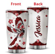 two red and white tumblers with the words love on them, both decorated with hearts