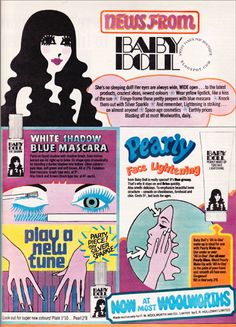 an advertisement for baby blue mascara with various images and words on it, including the title