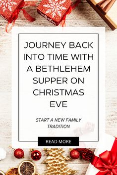 a christmas card with presents on it and the words journey back into time with a bethlem