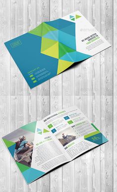 two fold brochure mockup with green and blue geometric shapes on the front