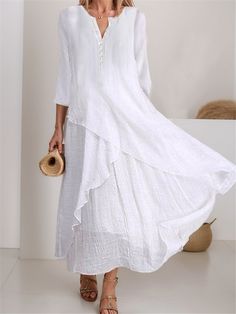 Women's White Cotton Linen Maxi Dress Sundress Swing Dress V-Neck Button 3/4 Sleeve Layered Loose Fit Casual Summer Spring 2024 2024 - $34.99 Plain White Maxi Dress, Linen Dress Women, Cotton Linen Dresses, Trends 2023, Cotton Blends Dress, Half Sleeve Dresses, 2024 Trends, Linnet, Moda Vintage