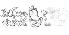 a drawing of rocks and plants on a white background