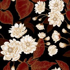 a black background with white and red flowers on it's sides, including leaves