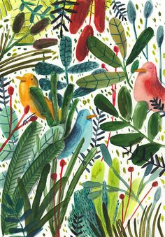 watercolor painting of birds and plants on white paper with green, blue, red, yellow and orange colors