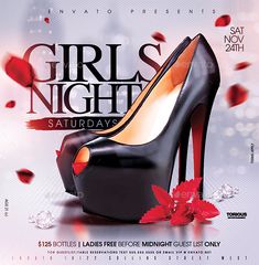 a flyer for a night club with high heeled shoes and rose petals on it