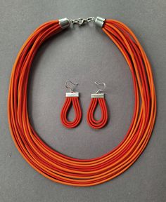 Orange and red necklace, rope set , mix colours, cherful necklace, orange jewellery, textil jewellery,  bib necklace, orange earring, elastic rope Necklace Rope, Orange Jewelry, Necklace Orange, Orange Necklace, Orange Earrings, Elastic Rope, Red Necklace, Necklace Red, Bib Necklaces