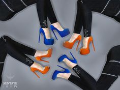 four pairs of high heeled shoes in different colors