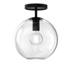 a light that is on top of a glass ball with a black handle and an open bulb