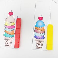 two ice cream cones with numbers on them next to an eraser and pencils