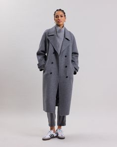 Valencia Women's Gray double face wool Coat - Woman's coat - Hartford Belted Cuffs Long Pea Coat For Office, Long Pea Coat With Belted Cuffs For Office, Double-breasted Wool Pea Coat With Belted Cuffs, Double-breasted Wool Coat With Button Cuffs For Office, Classic Office Pea Coat With Belted Cuffs, Classic Double-breasted Wool Coat With Belted Cuffs, Formal Double-breasted Wool Coat With Belted Cuffs, Classic Long Wool Coat With Belted Cuffs, Classic Wool Coat With Belted Cuffs For Office