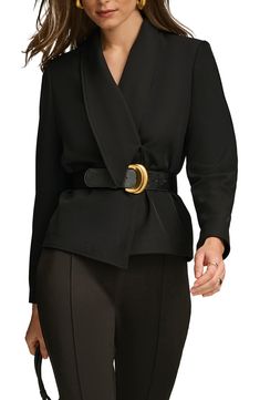 A graceful shawl collar and a cinched waist switch up the silhouette for this staple jacket. 23" length Front hidden-snap closure Shawl collar Removable belt Lined 96% polyester, 4% spandex Dry clean Imported Belted Blazer, Nordstrom Store, Donna Karan, Black Blazers, Cinched Waist, Black Fits, Shawl Collar, Snap Closure, Shawl