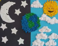 a paper plate with clouds, stars and a smiling sun on the moon in the sky