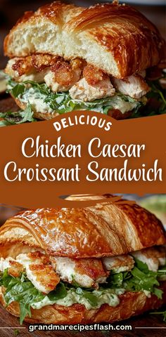 delicious chicken caesar croissant sandwich with lettuce and tomato sauce on it