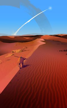 a man walking across a desert under a blue sky with an airplane in the background