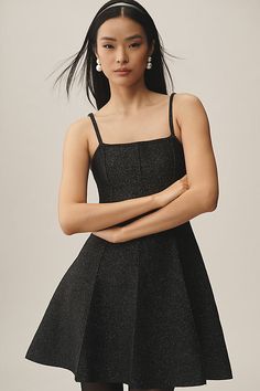 Viscose, nylon, polyester, metalized fibers Pullover styling Machine wash Imported | Square-Neck Pleated A-Line Lurex Mini Sweater Dress by Anthropologie in Black, Women's, Size: Smallmall, Polyester/Nylon/Viscose Extra Dresses, Dramatic Dresses, Holiday Party Fashion, Mini Sweater, Mini Sweater Dress, Mini Cocktail Dress, 50 Fashion, Square Neck, Pullover Styling