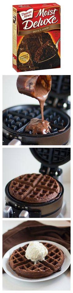 the waffles are being drizzled with icing and chocolate syrup