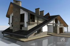 an architectural rendering of a house with stone chimneys and two balconies on the second floor