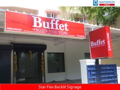 a red sign that says buffet frozen food store on the side of a white building