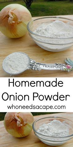 homemade onion powder in a glass bowl and on a wooden table with an onion scooper