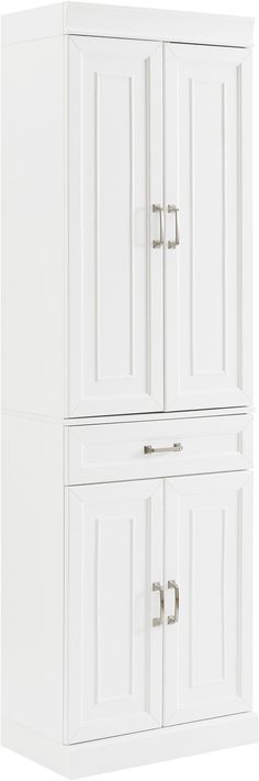 a white cabinet with two doors and drawers