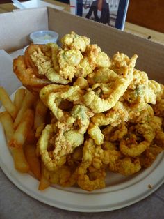 fried food on a plate with french fries in the foreground and a box of photos in the background