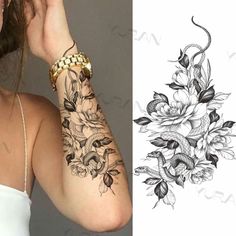 a woman's arm with flowers and leaves tattooed on it, next to an image of a tattoo design