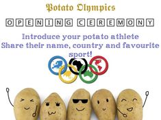 four potatoes with faces drawn on them in front of the olympic logo and text reading,'olympics celebration introduce your potato athlete share their name, country