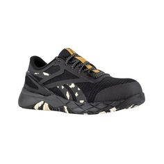 ASTM F2413, Composite Toe, XTR Brand Composite Toe, Static Dissipative (SD10), SR-ASTM F3445, Metal Free  Type: Athletic Work Shoe  Toe: Composite Toe  Upper: Mesh, Microfiber, and TPU Exoskeleton  Color: Black, Camo, and Brown  Lining: Moisture Wicking Nylon Mesh  Insole: MemoryTech Massage 2.0 Removable Cushion Footbed  Outsole: EVA Midsole with Slip Resistance Rubber Bottom with Flex Grooves  Special Features: 100% Non-Metallic, Extra Wide Toe, Dual Resistor (SD10) Size: 7.  Gender: female. Work Shoe, Tactical Boots, Reebok Women, Womens Reebok, Black Camo, Working Woman, Lug Sole, Work Shoes, Bending