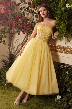 Andrea & Leo A1055 SUNSHINE TEA DRESS Yellow Tea Length Dress, Halter Dress Casual, Work Party Dress, Andrea And Leo, Purple Evening Gowns, Yellow Gown, Elegant Ball Gowns, Prom Dresses Yellow, Night Club Dress