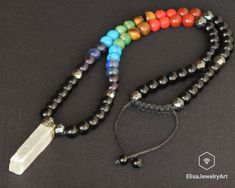 Healing 7 Chakra Raw Selenite Pendant Natural Black Onyx Beads Long Chackra Necklace Macrame Beaded Necklace Adjustable Unisex Men's Women's -ALL THE PRODUCTS AT ELISAJEWELRYART ARE HANDMADE AND MADE WITH NATURAL BEADS. Chakra Colors Let's look at the 7 Chakra colors: 1- RED - The Root Chakra 2- ORANGE - The Navel or Sacral Chakra 3- YELLOW - The Solar Plexus Chakra 4- GREEN - The Heart Chakra 5- BLUE - The Throat Chakra 6- INDIGO - The Third Eye Chakra 7- VIOLET - The Crown Chakra As you can se Black Crystal Necklace For Healing, Adjustable Onyx Gemstone Beads Crystal Necklace, Adjustable Onyx Crystal Necklace With Gemstone Beads, Necklace Macrame, Chakra Colors, Chakra Racine, 7 Chakra, Protection Stones, Sacral Chakra