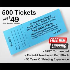 a blue ticket for the red oaks winter wine tasting event with free shipping and 50 years of printing experience