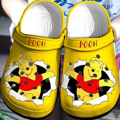 Funny Pooh Cartoon Yellow Clogs Shoes For Mom, Crocs Funny, Pooh Cartoon, Yellow Crocs, Pooh Bear, Tropical Pattern, Clogs Shoes, Trending Tshirts, Family Gifts