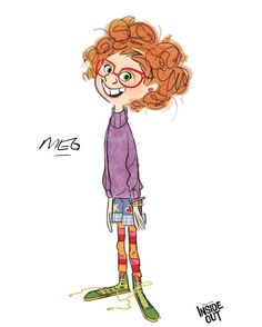 a drawing of a girl with red hair and glasses, standing in front of the words inside out