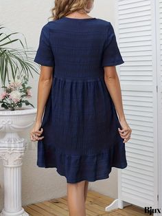 Bjux - Womens Casual V-Neck Short Sleeve Summer Dress with Ruched Detail Casual Crinkle Texture Vacation Dress, Casual Pleated Mini Dress, Casual Ruched Mini Dress With V-neck, Ruffle Pattern, Short Sleeve Summer Dresses, Womens Casual, Casual Fit, Chest Pad, Casual Fits