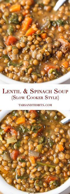 lentula and spinach soup in two white bowls with spoons