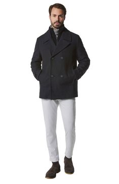 A knit jersey bib adds a contemporary layered look to a water-resistant peacoat that's an outerwear essential. 30 1/2" length (size Medium) Lined 46% wool, 40% polyester, 5% acrylic, 4% nylon, 3% rayon, 2% cotton Dry clean Imported Casual Notch Lapel Pea Coat For Winter, Casual Wool Peacoat For Winter, Winter Business Casual Pea Coat With Concealed Placket, Winter Peacoat With Concealed Placket And Notch Lapel, Winter Peacoat With Notch Lapel And Concealed Placket, Casual Wool Blazer For Cold Weather, Tailored Casual Pea Coat For Winter, Tailored Long Sleeve Peacoat For Winter, Casual Wool Peacoat For Cold Weather